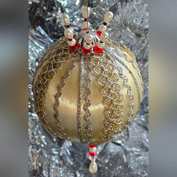 Beautiful Vintage Handmade Beaded Christmas Ornament | Silver Gold Red Pearl - Picture 3 of 4